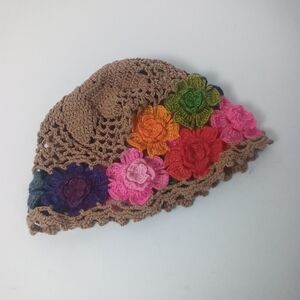 Crochet Hat Cute Handmade Tan Cotton Colorful Flowers  Boho Hippie Festival